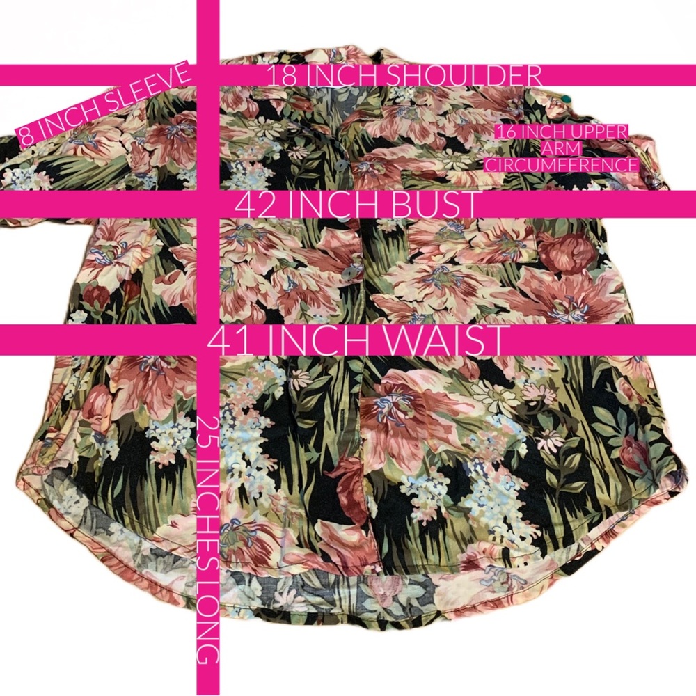 VINTAGE 1980'S PINK, BLACK & GREEN FLORAL PRINT TEDDI BLOUSE (MP) - Picture 12 of 13